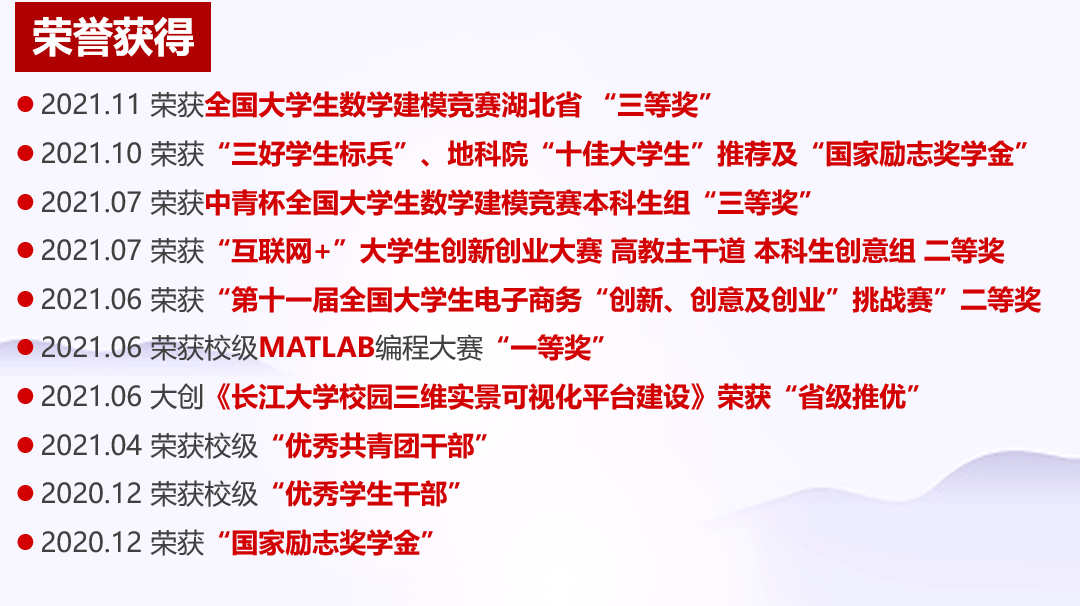 大学生数模竞赛湖北赛区三等奖;中青杯全国大学生数学建模竞赛三等奖